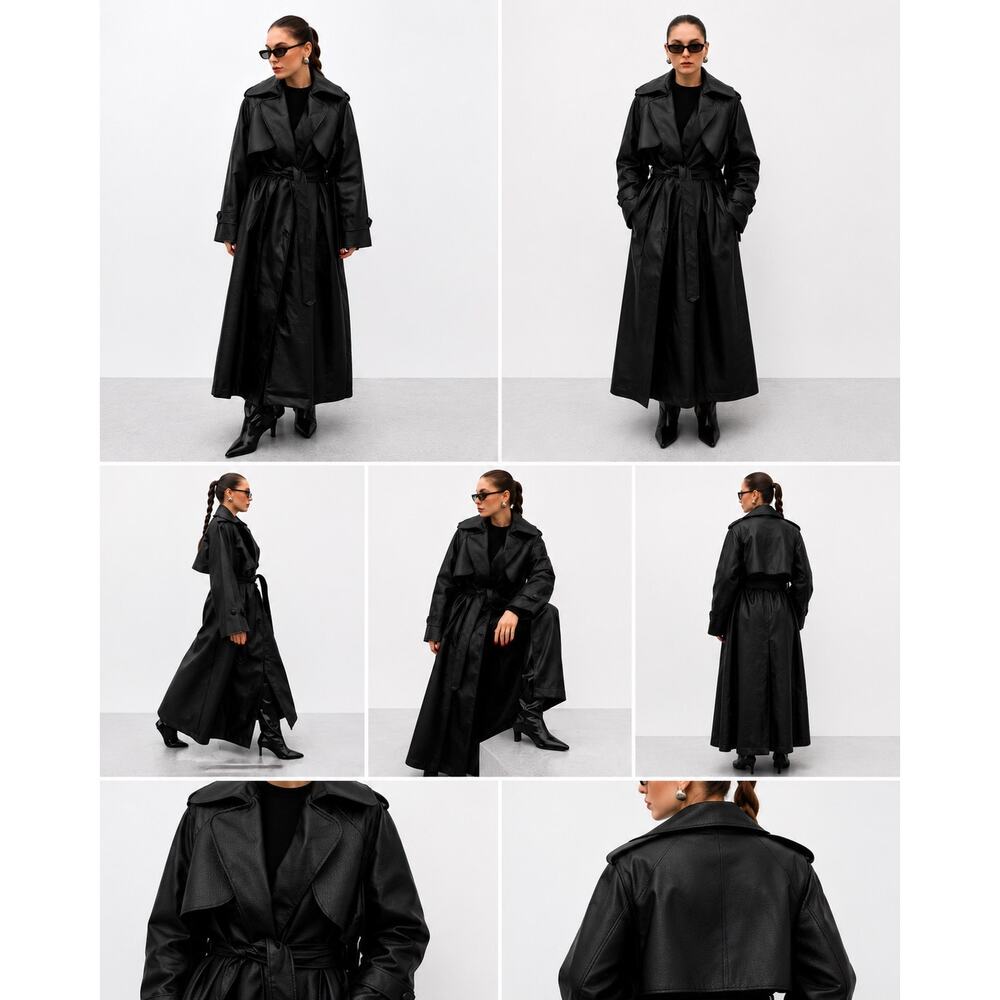 Black Faux Leather Trench Coat Women Long Belted Classic Jacket Stylish - Picture 12 of 12